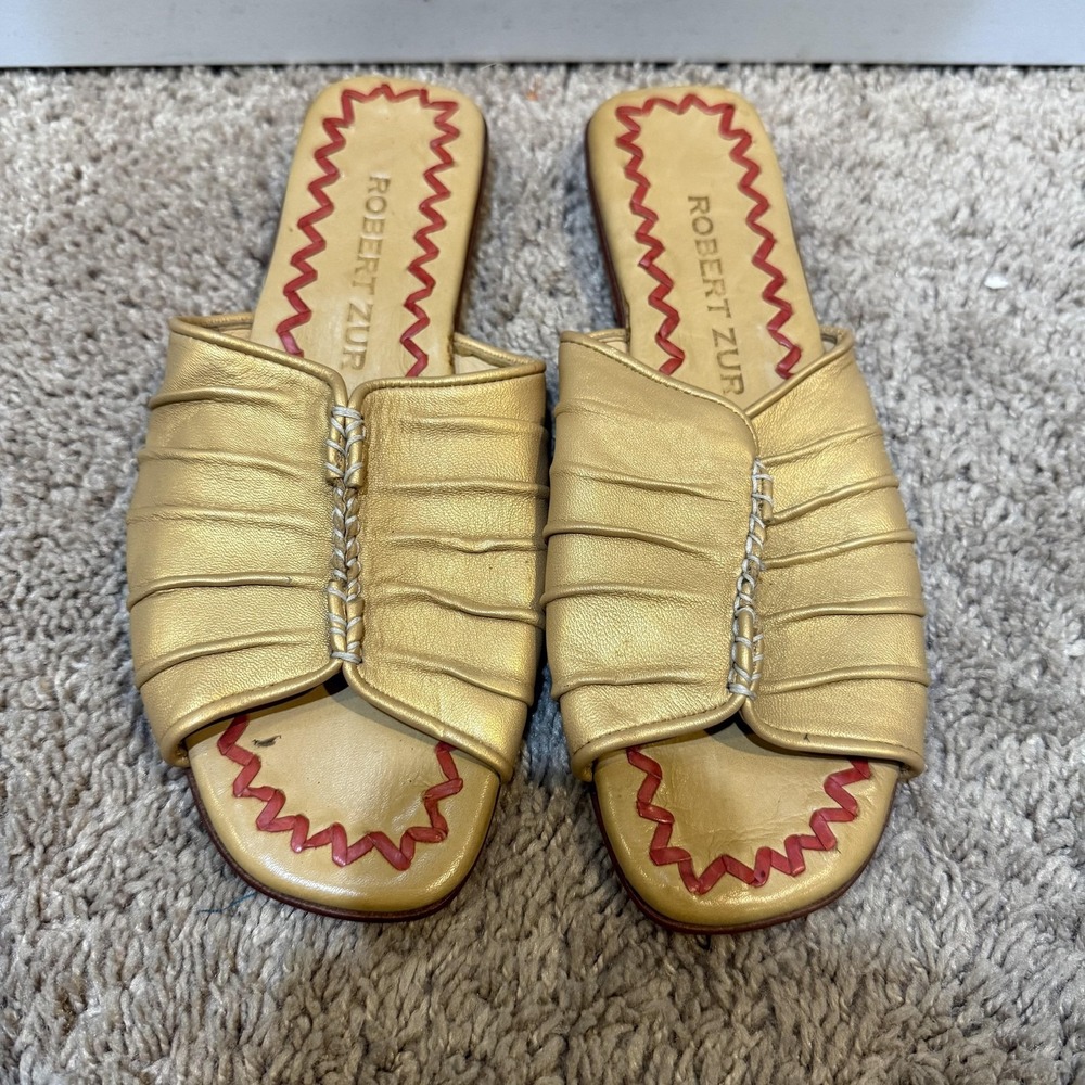 Robert Zur Sandals Womens Size 5.5 Gold Leather Pleated Slide Flat Shoes